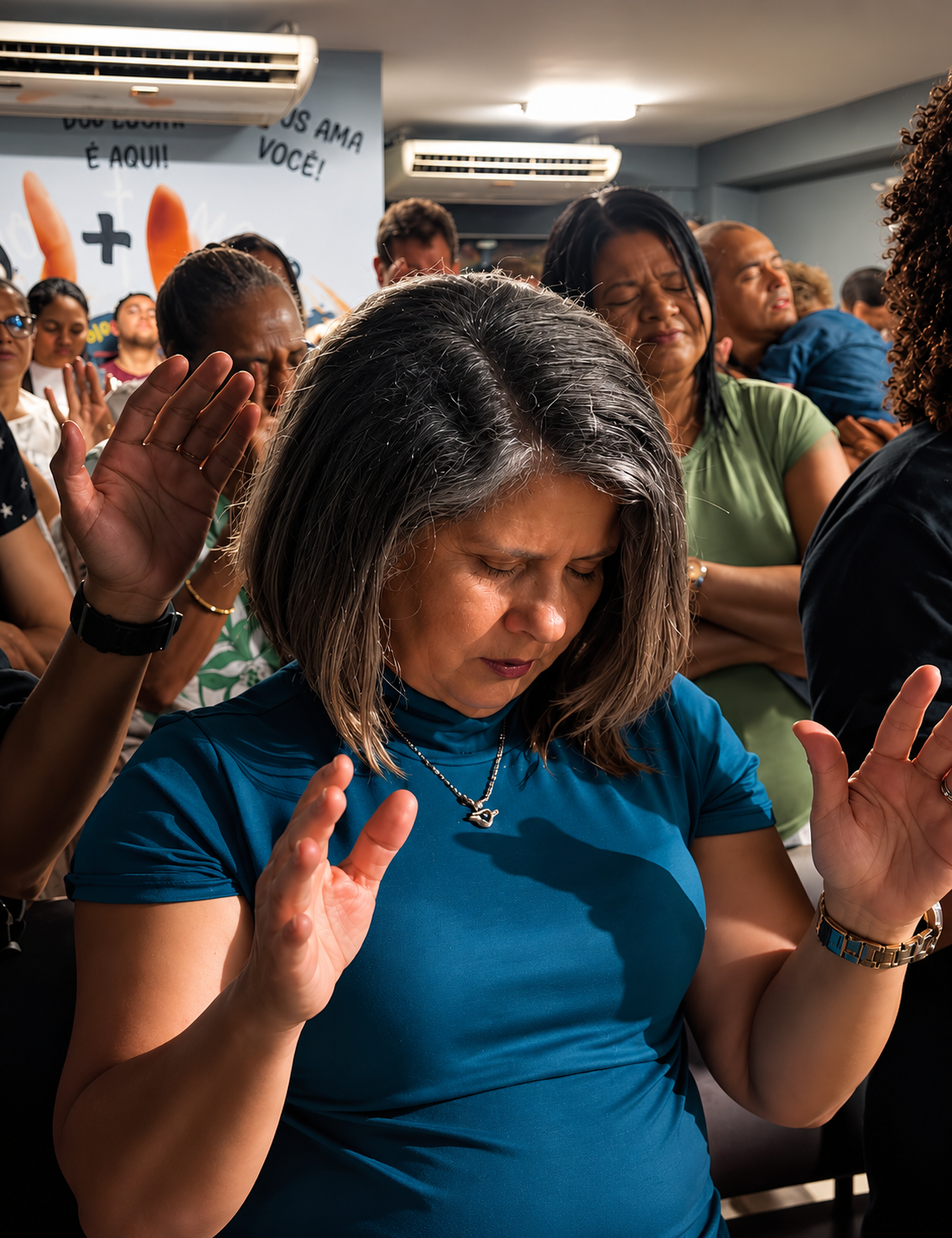 Comunidade reunida em oração durante um culto